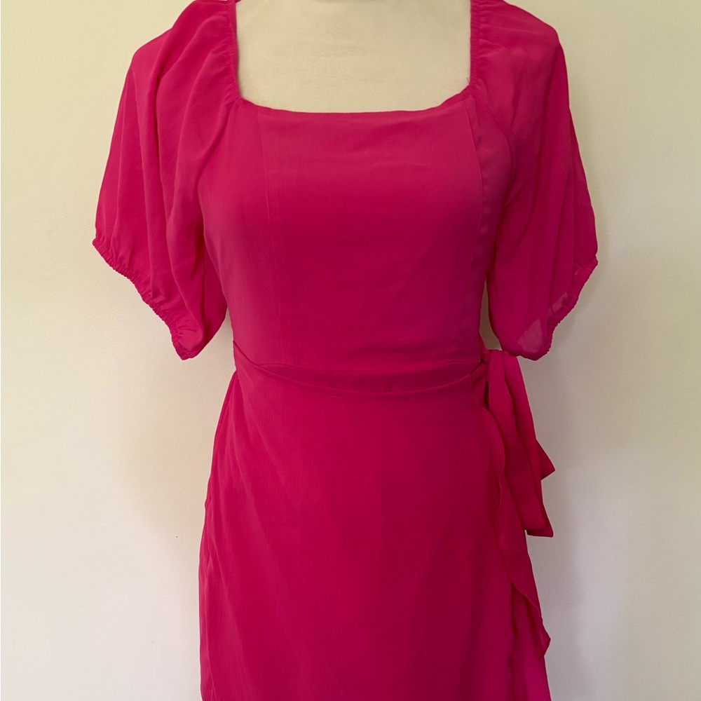 NWOT Kikibell Sz XS Hot Pink Fuchsia Faux Wrap Mini Dress w Bell Puff Sleeves